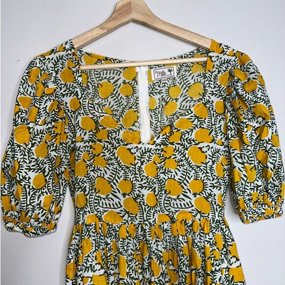Mille Aneli Citrus Print Puff Sleeve Cotton Mini Dress XXS Yellow Green White - Picture 3 of 7